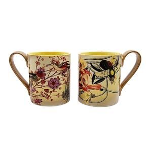 Anthropologie Orchid Mugs w/Coral Hummingbird Stoneware Handcrafted Pair EUC